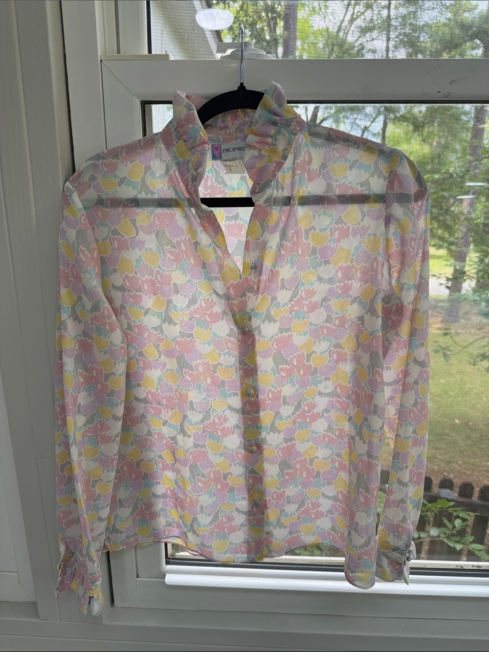 Prophecy Vintage Floral Ruffle Collar Button-Down Blouse - Pink/Yellow/Blue